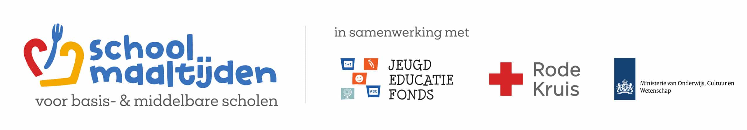 Logo of the School Meals Programme together with the logos of the Dutch Youth Education Fund, the Netherlands Red Cross, and the Ministry of Education, Culture and Science.