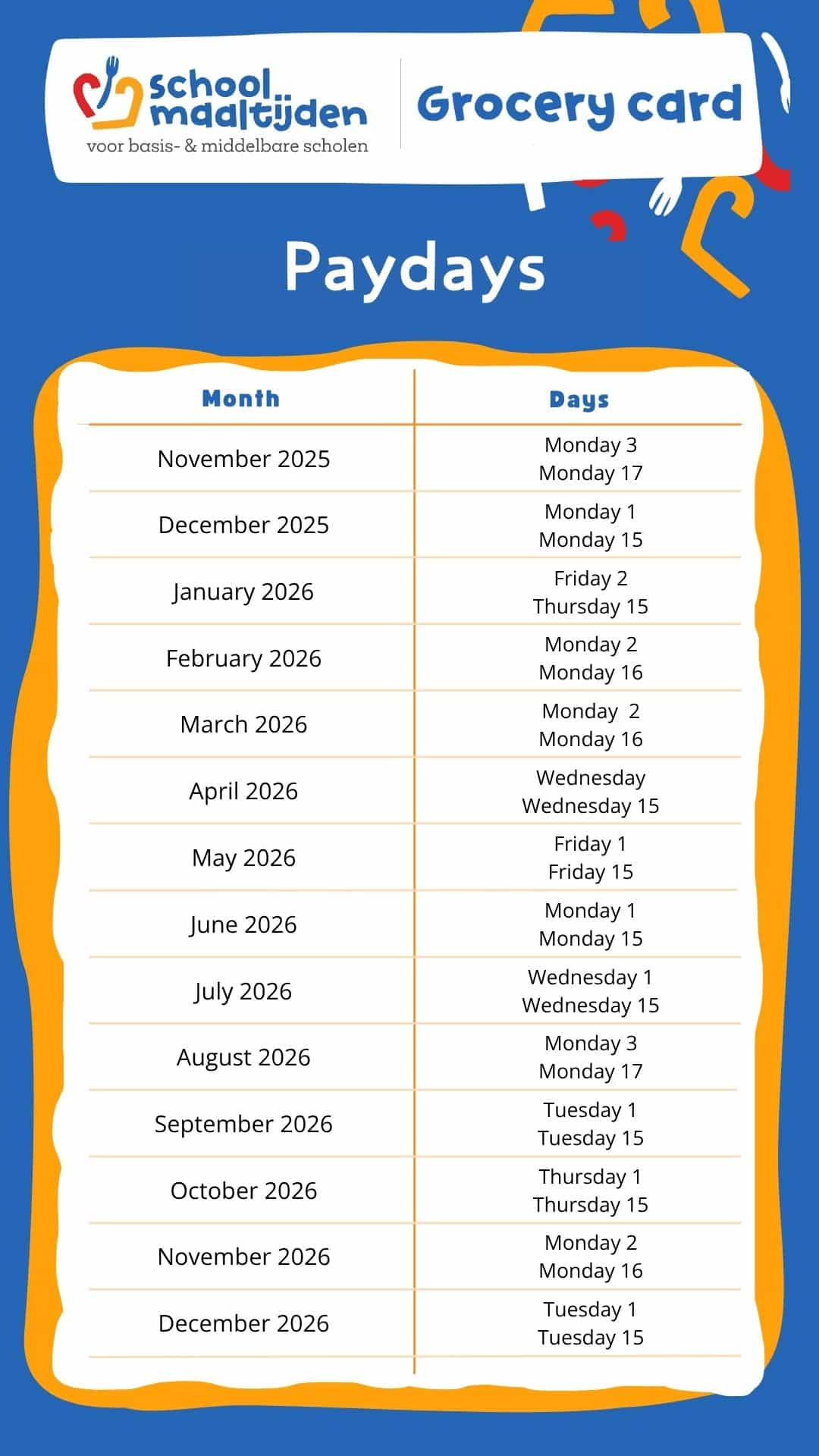 Betaaldagen 2025 2026 Engels